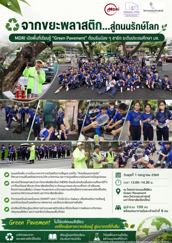 ♻️จากขยะพลาสติก…สู่ถนนรักษ์โลก MDRI เปิดพื้นที่เรียนรู้ “Green Pavement” ต้อนรับน้อง ๆ สาธิต ระดับประถมศึกษา มช.